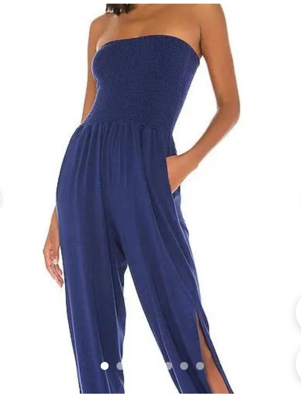 bobi Navy Strapless Smocked Wide-Leg Jumpsuit with Side Slits